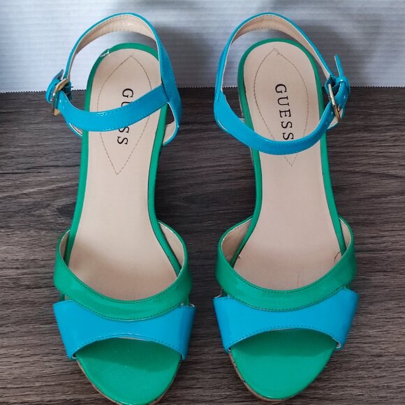 Guess wedge heel sandals blue & green cork sole women's size 8 ? - Picture 4 of 11
